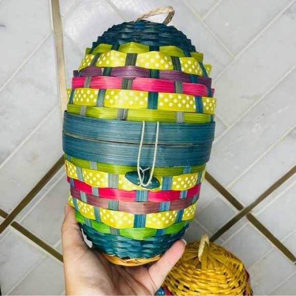 2 vintage woven jute reed closing egg basket Easter decoration - Picture 4 of 4